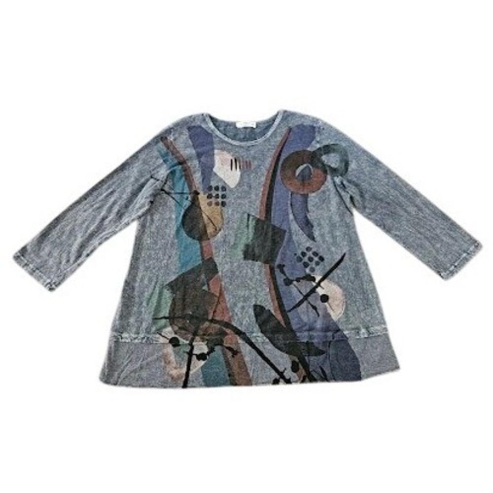 Jess & Jane Women Tunic Top XL Grey Mineral Wash Abstract Lagenlook Artsy